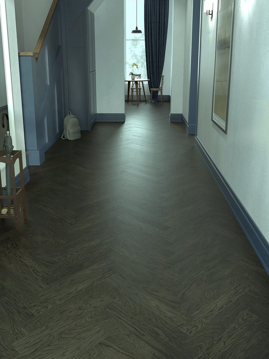 kalanruotoparketti-tammi-nature-harjattu-viistetty-lava-grey-mattalakattu Kalanruotoparketti tammi nature harjattu viistetty lava grey mattalakattu asennettu käytävään