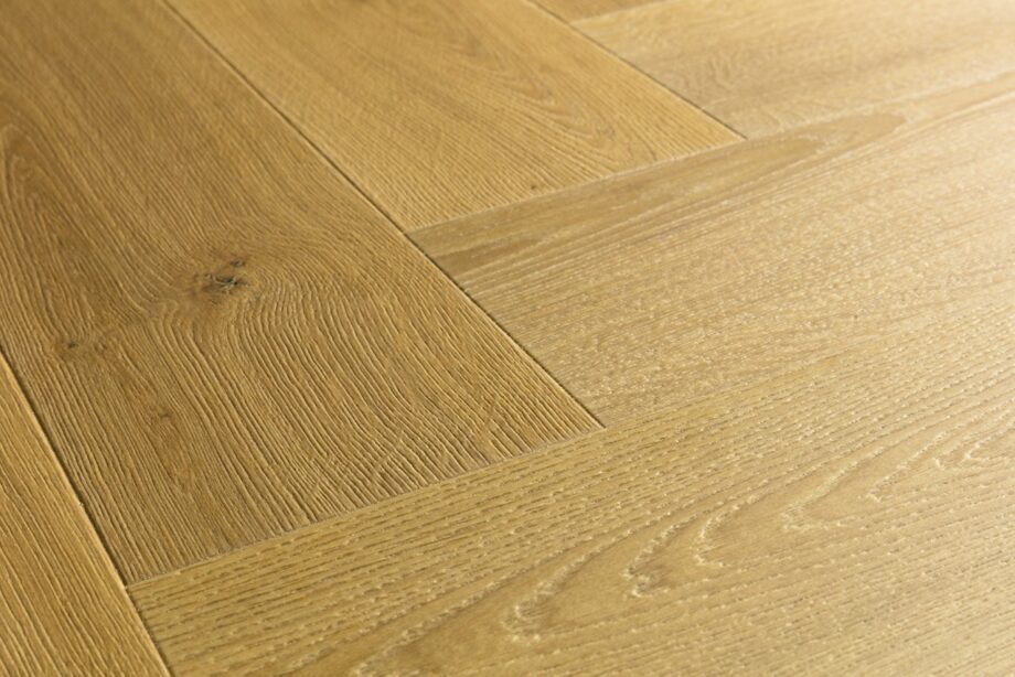 Laminat Fischgrät Quick Step Impressive Дизайн Cumin Oak, warme natürliche Eichenfarbe und harmonische Sortierung