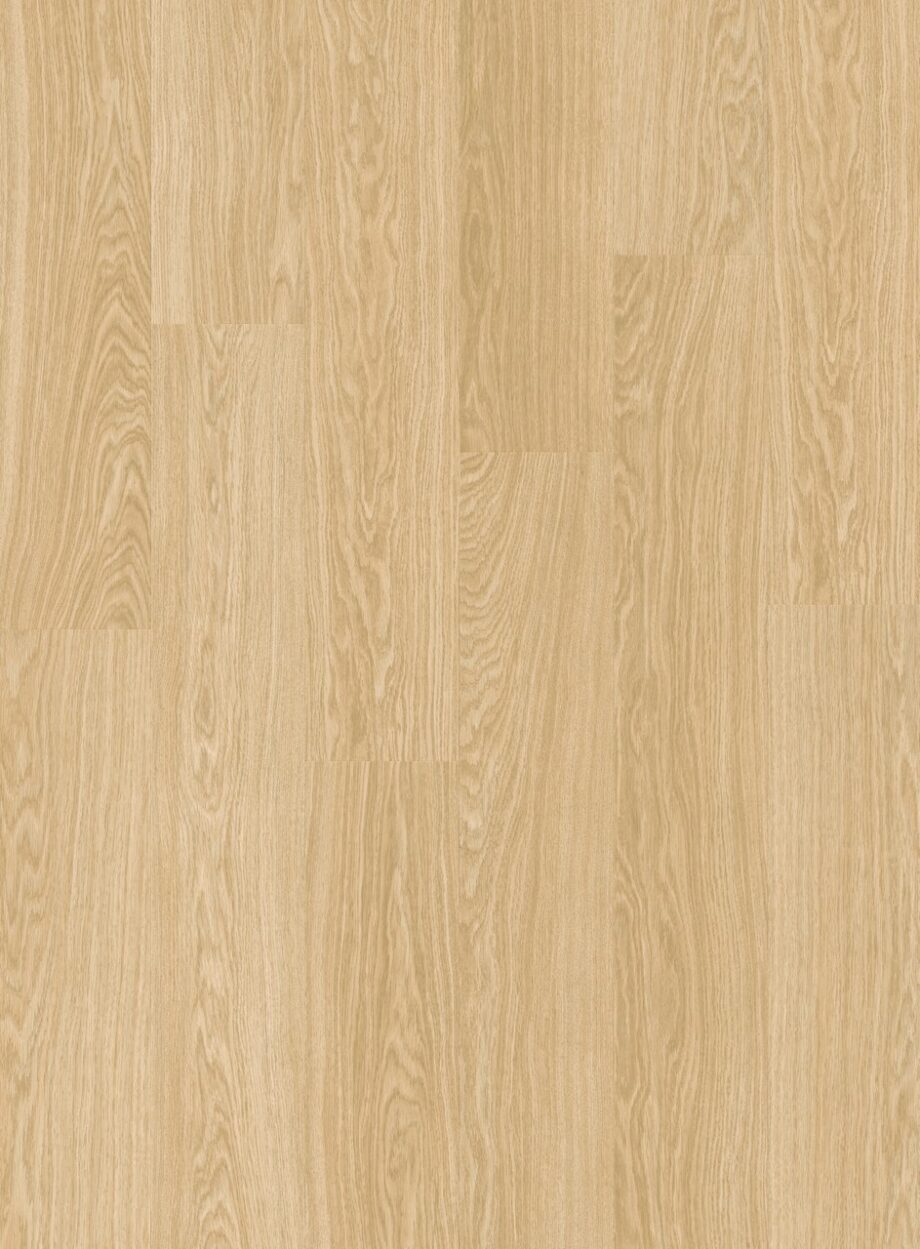 Vinyylilattia Quick Step Bloom Pure Oak Blush, vaalea tammen sävy kevyellä punertavalla vivahteella ja lankkudesign.