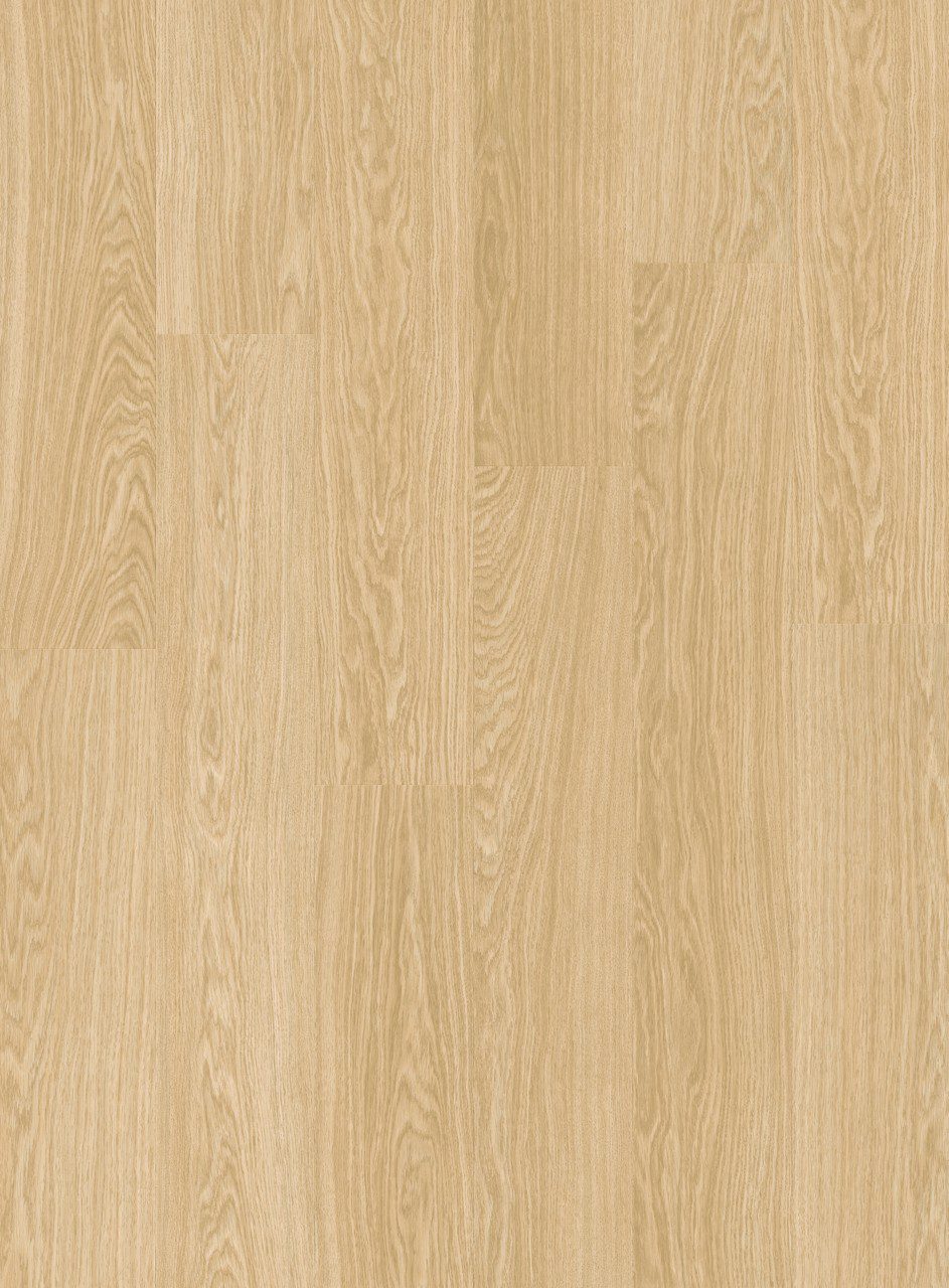 Vinyylilattia Quick Step Bloom Pure Oak Blush, vaalea tammen sävy kevyellä punertavalla vivahteella ja lankkudesign.