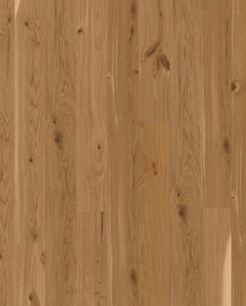 Parkettilattia Bauwerk Boen Casapark tammi 46 Vivo (138 mm), harjattu ja öljyvahattu, asennettuna kodin lattialle – luonnollinen, lämminsävyinen tammensävy (Vivo) ja rustiikkinen sorteerus (oksakohtia sekä eläväistä sävyvaihtelua). Harjattu pinta korostaa puun aitoa tekstuuria.