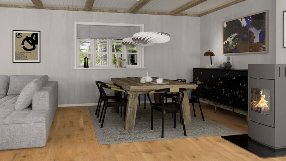 Laudparkett Bauwerk Casapark tamm 56 rustikaalse sorteeringuga paigaldatud elutoa põrandale. Rustikaalne laud, kamin, diivan. Söögilaua all on tükivaip.