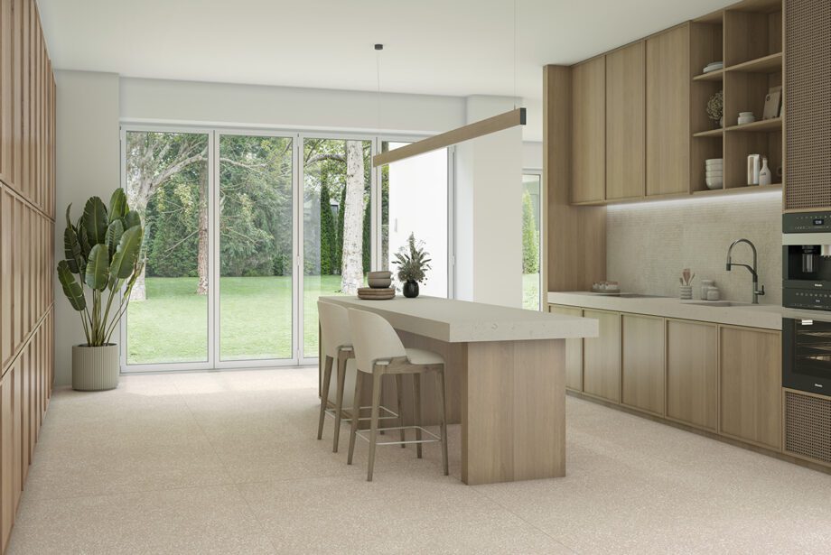 Terrazzo mustriga matt keraamiline põrandaplaat Tau Portobello Sand, 60x60 cm, 9 mm, liivabeež, R10, rektifitseeritud