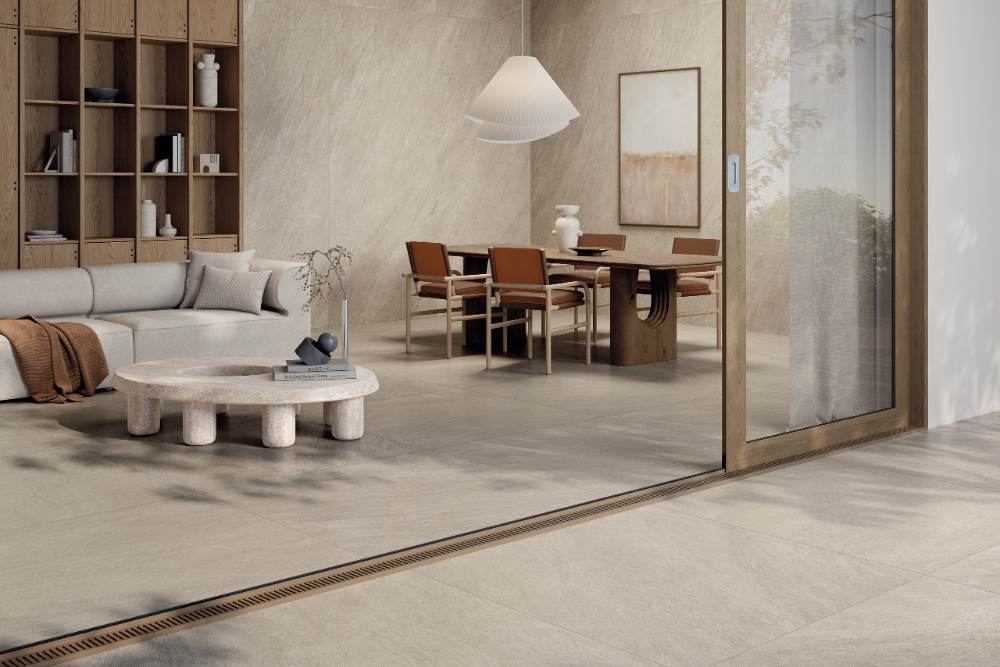 Напольная керамическая плитка под камень ABK Cliff Sand, 120x120 см, 8,5 мм, структурированная, противоскользящая R11
