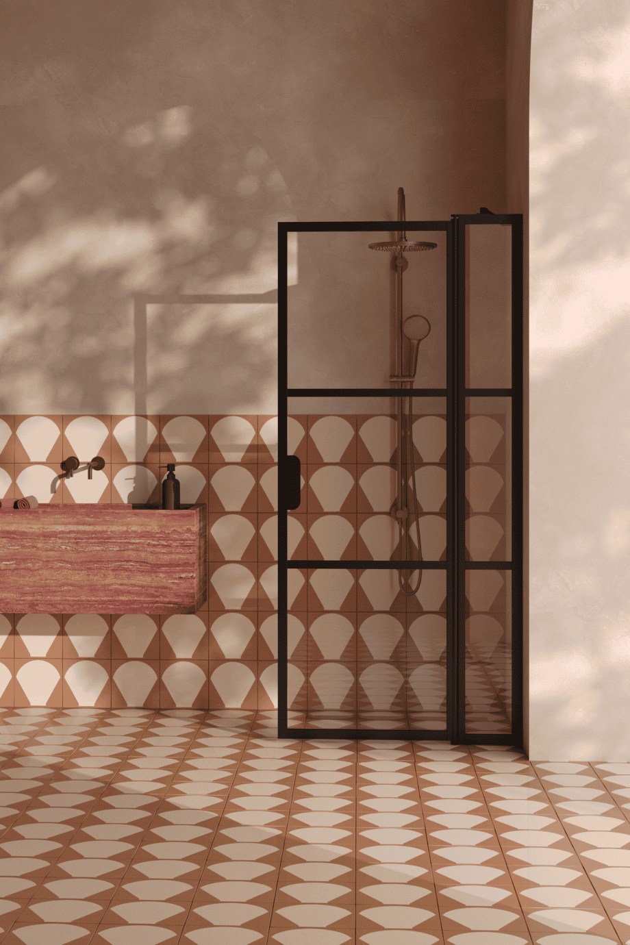 Распашная душевая стенка с неподвижной частью Hietakari Bläk 736 Tokyo, профиль Sand, рифлёное стекло Reeded