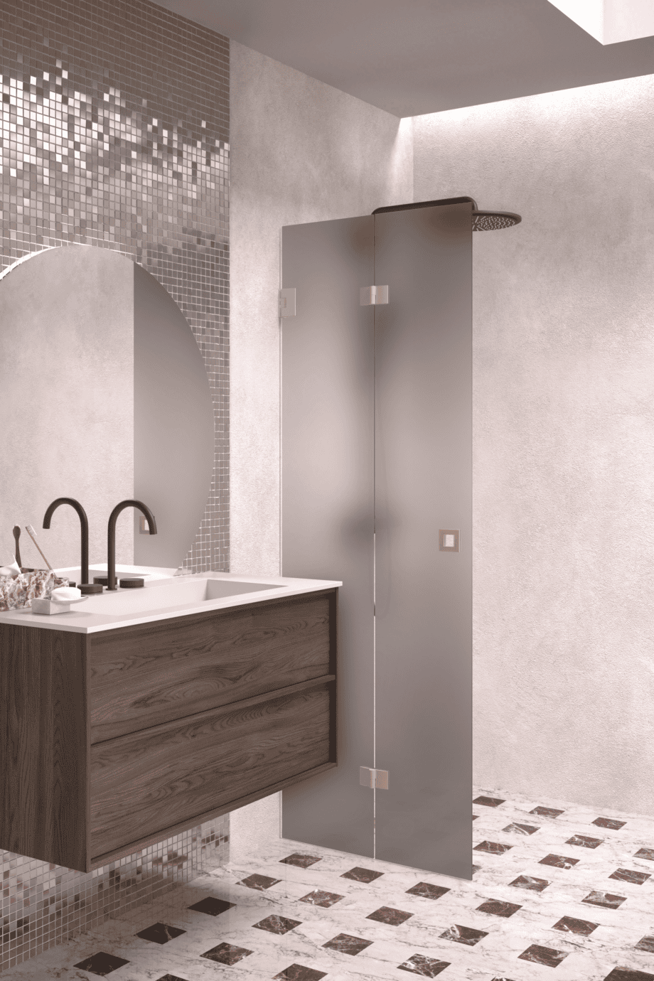 Складная душевая стенка Hietakari Vetro 513, фурнитура Sand, серое матовое стекло сатин