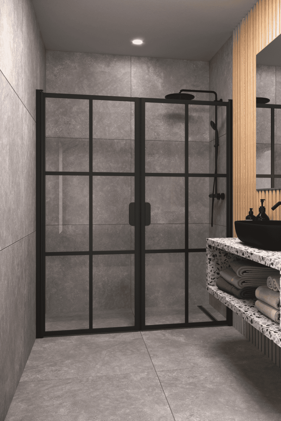 Душевая перегородка в нишу Hietakari Bläk 752 Paris, чёрный профиль, рифлёное стекло Reeded