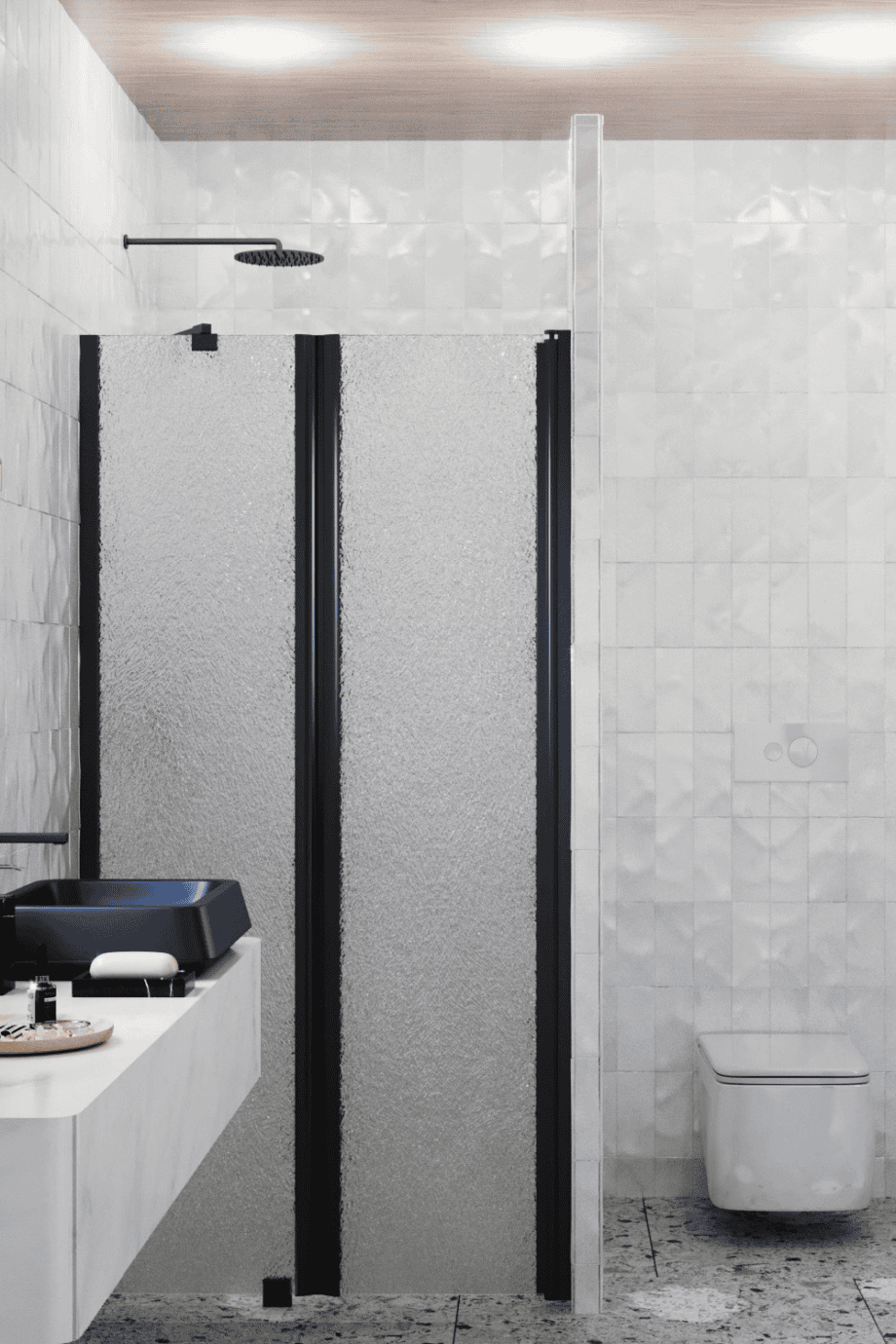 Душевая перегородка в нишу Hietakari Infinia 237, чёрный профиль, узорчатое стекло Chinchilla Душевая перегородка в нишу Hietakari Infinia 237, чёрный профиль, узорчатое стекло Chinchilla