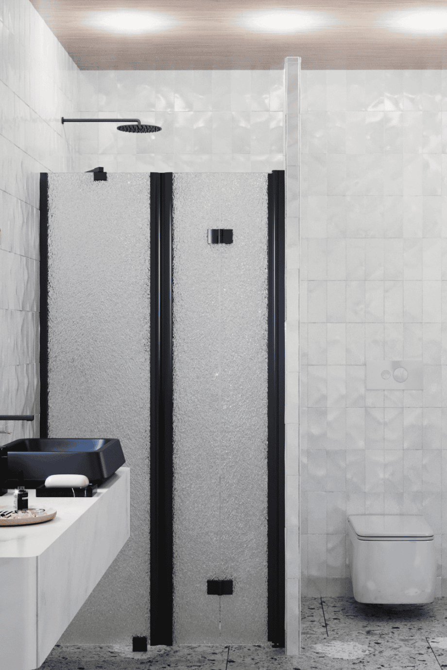 Душевая перегородка в нишу Hietakari Infinia 238, чёрный профиль, узорчатое стекло Chinchilla Душевая перегородка в нишу Hietakari Infinia 238, чёрный профиль, узорчатое стекло Chinchilla