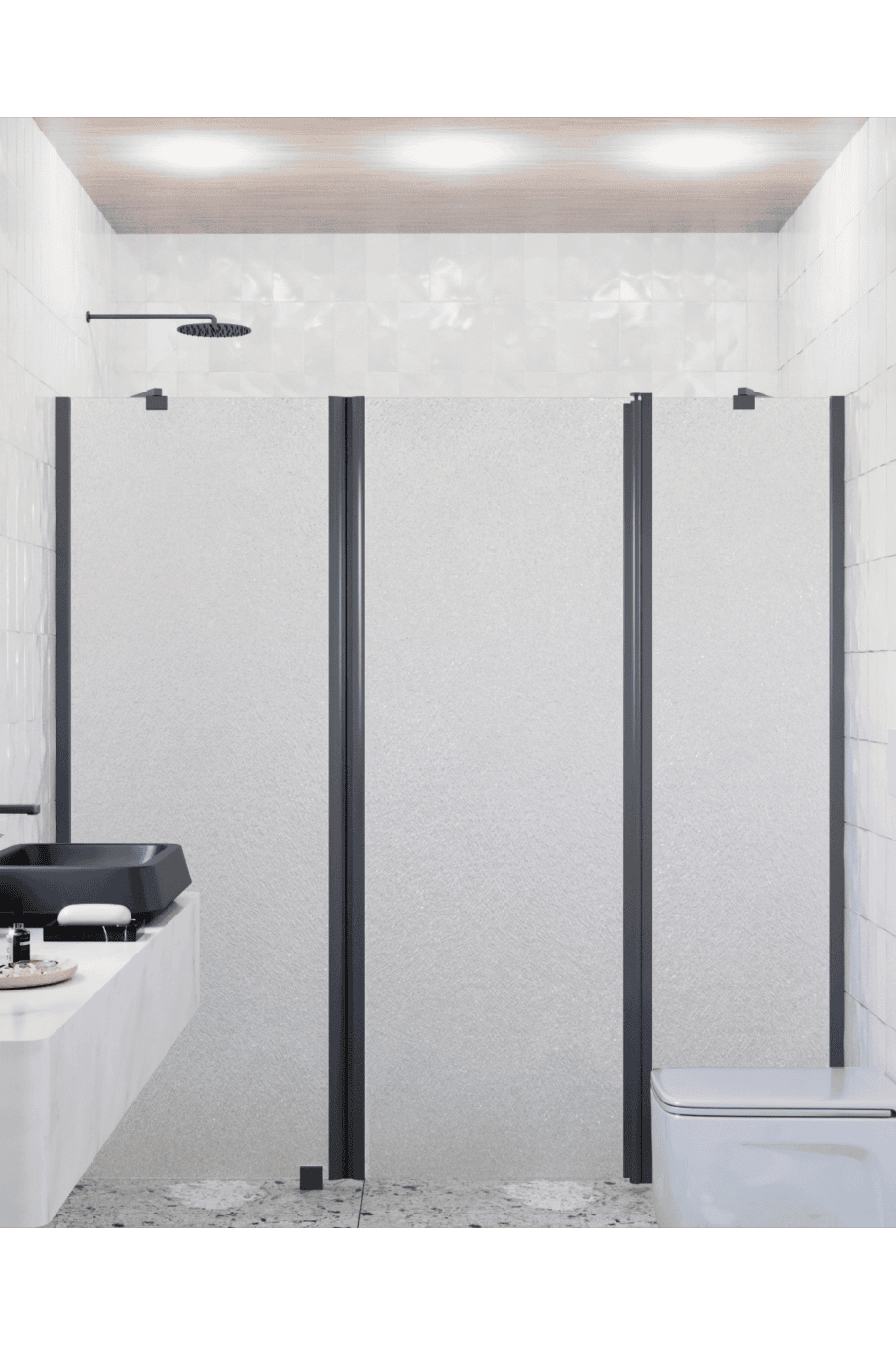 Душевая перегородка в нишу Hietakari Infinia 239, чёрный профиль, узорчатое стекло Chinchilla Душевая перегородка в нишу Hietakari Infinia 239, чёрный профиль, узорчатое стекло Chinchilla