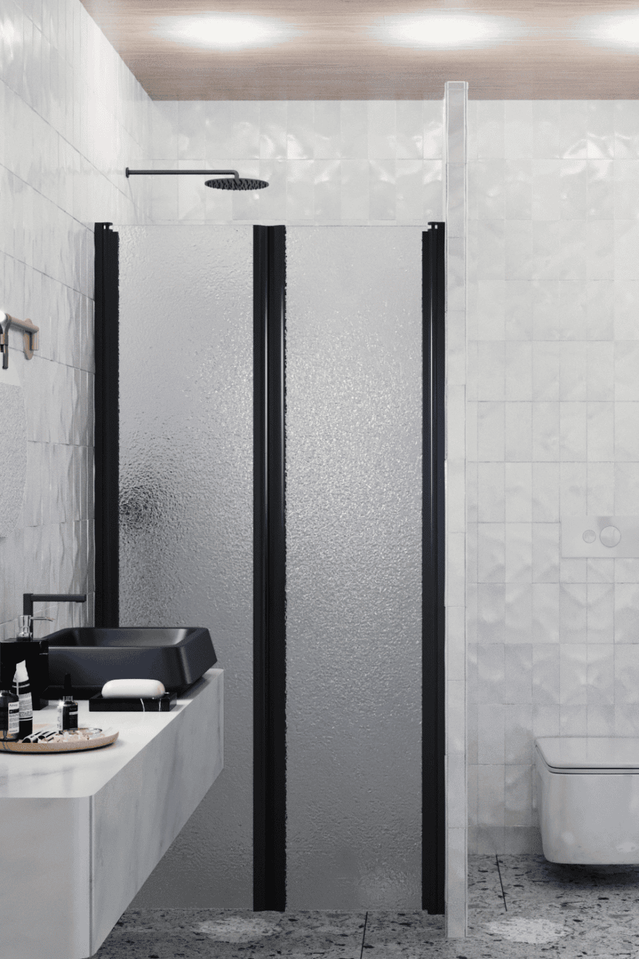 Душевая перегородка в нишу Hietakari Infinia 241, чёрный профиль, узорчатое стекло Chinchilla Душевая перегородка в нишу Hietakari Infinia 241, чёрный профиль, узорчатое стекло Chinchilla