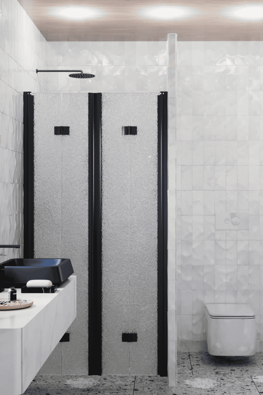 Душевая перегородка в нишу Hietakari Infinia 245, чёрный профиль, узорчатое стекло Chinchilla