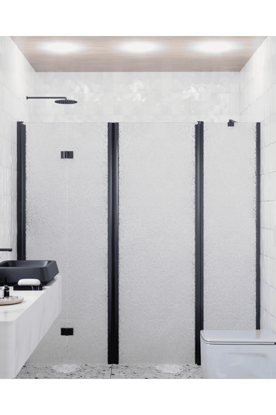 Душевая перегородка в нишу Hietakari Infinia 246, чёрный профиль, узорчатое стекло Chinchilla