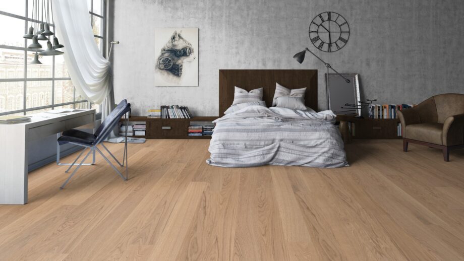 Parkett Tarkett, Shade, Tamm Misty Grey (hall) Plank XT, 1-lip, 2 külge mikrofaa 3 Tammeparkett Tarkett Shade Misty Grey Plank XT magamistoas