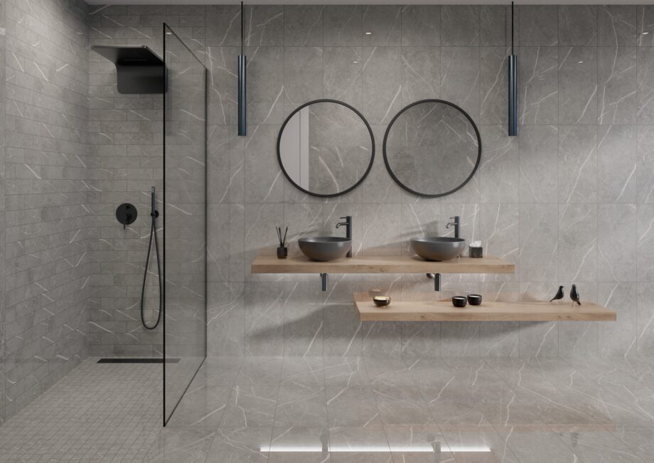 Матовая напольная плитка из керамогранита под мрамор Tau Elite Gray, 30×60 см, 9 мм, серый, R10, ректифицированная – фото 2 Полированная напольная плитка из керамогранита под мрамор Tau Elite Gray Pol, 60x120 см, 10,5 мм, серый, ректифицированная – 2