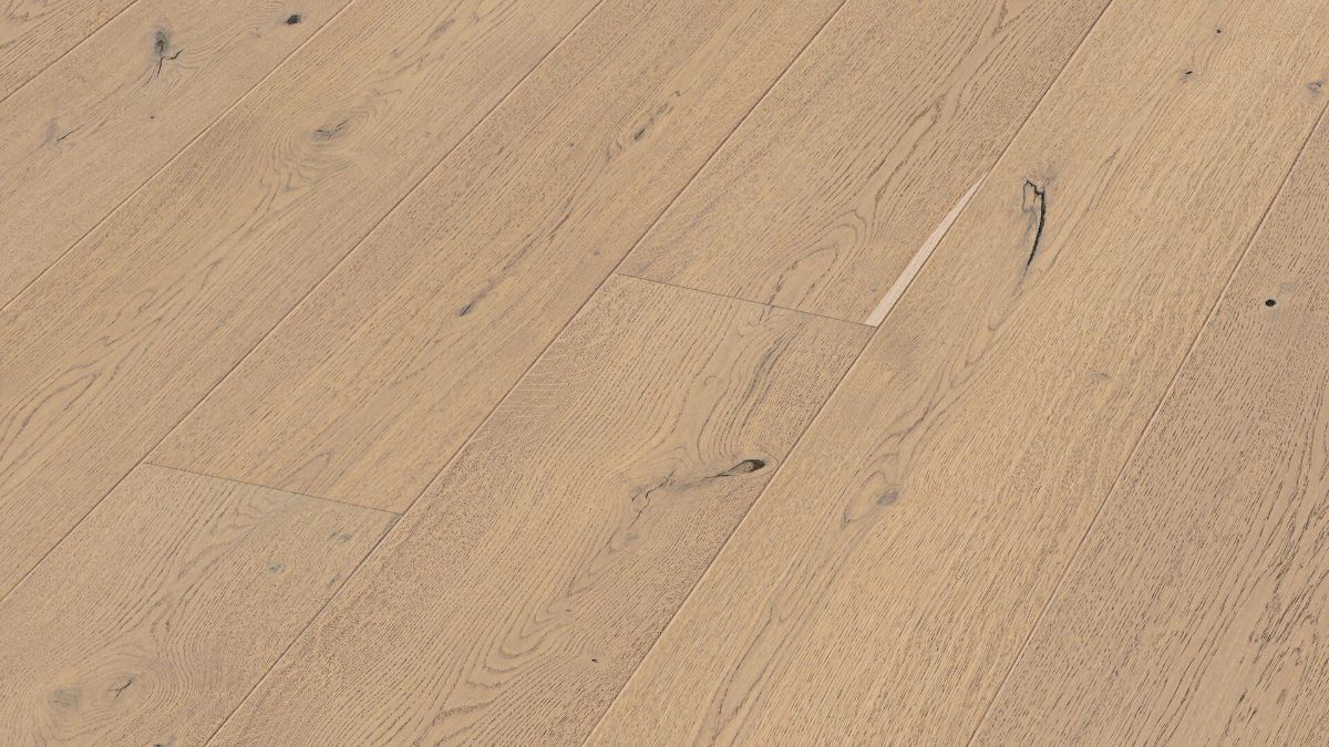 Дубовый паркет Meister, Lindura HD 400, Sand grey oak authentic 20226, 1 полоса, 2200 x 270 мм, брашированная, ультраматовый лак