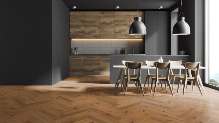 herringbone flooring Thede Witte oak knotty beveled brushed oiled, installed in the kitchen area