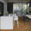 Herringbone flooring oak mix brushed bevelled oilwaxed 180mm – natural tone and lively grain variation highlighting the character of oak. Installed on a kitchen floor with kitchen furniture, kitchen island, dining table, and a view to the terrace.