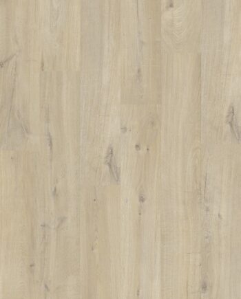 Vinüülparkett Quick-Step Bloom Cotton Oak Beige heleda kergelt hallika tooniga ja rustikaalse tammelaua disainiga.