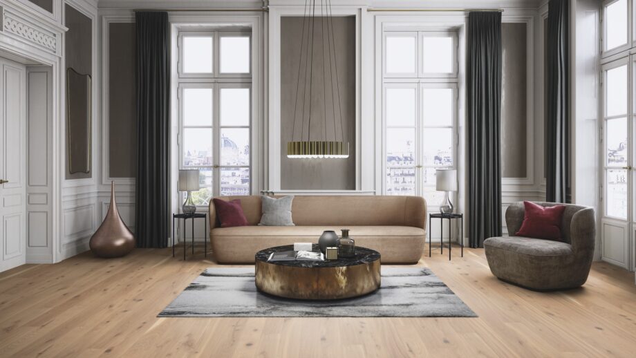 engineered-wooden-flooring-bauwerk-boen-casapark-oak-46-vivo-brushed-avorio-oil-waxed-138mm Engineered wooden flooring Bauwerk Boen Casapark Oak 46 Vivo brushed Avorio light oil-waxed installed on a living room floor. Classical modern mix stile with design sofa and chair. Nice design lightning. Marble top metallic side sofa table. Дизайн carpet.