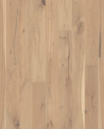 Parkett Bauwerk Casapark Budget Cut tamm 56 Crema harjatud Bprotect ekstra matt lakiga viimistletud heledat tooni ja tugevalt rustikaalse sorteeringuga. Faasid parketilaua kahel pikemal küljel.