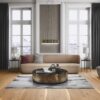 parquet-floor—bauwerk-boen-casapark-oak-46-vivo-brushed-oiled-138mm Parquet floor Bauwerk Boen Casapark Oak 46 Vivo brushed and oil-waxed 138mm wide installed on livingroom floor. Дизайнer sofa and chair. Beutiful sofa table., grey designer carpet under it.