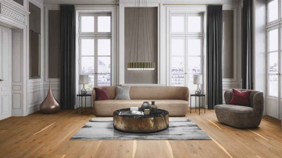 parquet-floor—bauwerk-boen-casapark-oak-46-vivo-brushed-oiled-138mm Parquet floor Bauwerk Boen Casapark Oak 46 Vivo brushed and oil-waxed 138mm wide installed on livingroom floor. Дизайнer sofa and chair. Beutiful sofa table., grey designer carpet under it.
