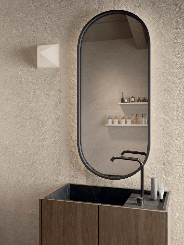 Декоративная керамическая плитка под камень ABK Cliff Chevron Sand, 60x120 см, 8,5 мм, 3D-рельеф «ёлочка», матовая – 3