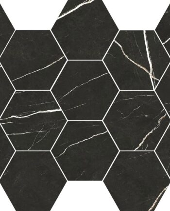 Шестиугольная мозаика из керамогранита под мрамор Tau Elite Black Hex, 32,5x22,5 см, чёрный